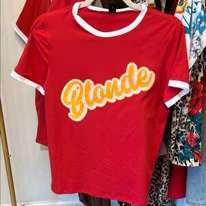 Blonde Raglan Red Shirt with White Trim